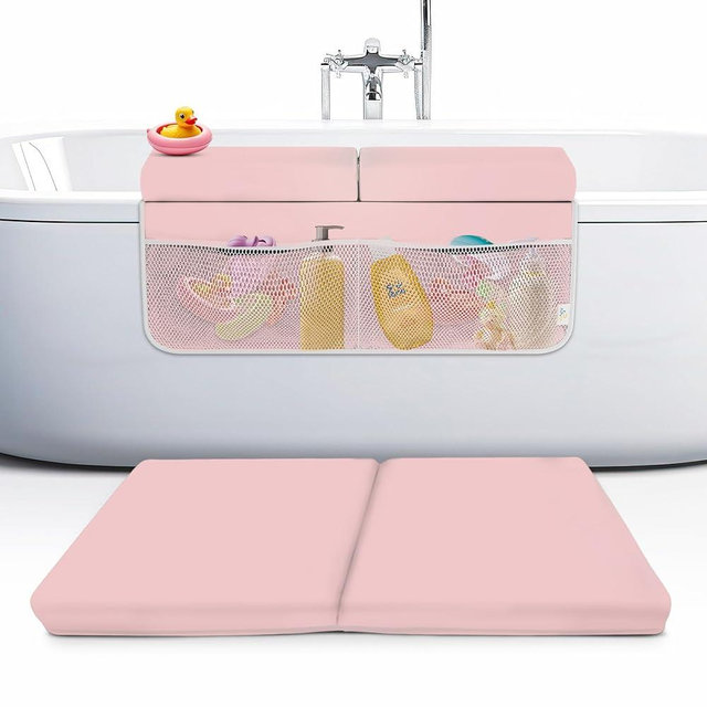 Memory Foam Bath Kneeler and Elbow Rest Pad Set, 2-Inch Thick, Water-Resistant Mat – Baby Bath Time Essentials Cushion and Bath Kneeling Pad for Bathing Baby with Bathtub Toy Organizer (Pink)