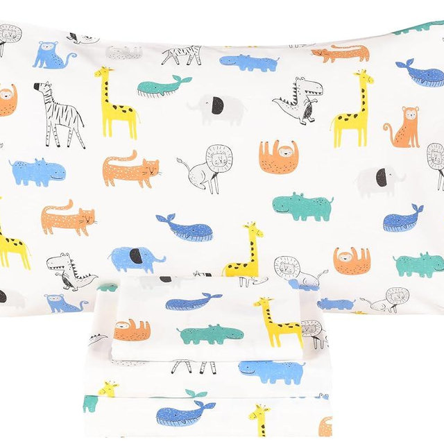 Scientific Sleep Jungle Animals Whale Zebra Monkey Tiger 100% Cotton 3 Pcs Twin Bed Sheet Set Kids Toddler Teen, Flat Sheet & Fitted Sheet & Pillowcase Boys Girls Bedding Set (Animals)