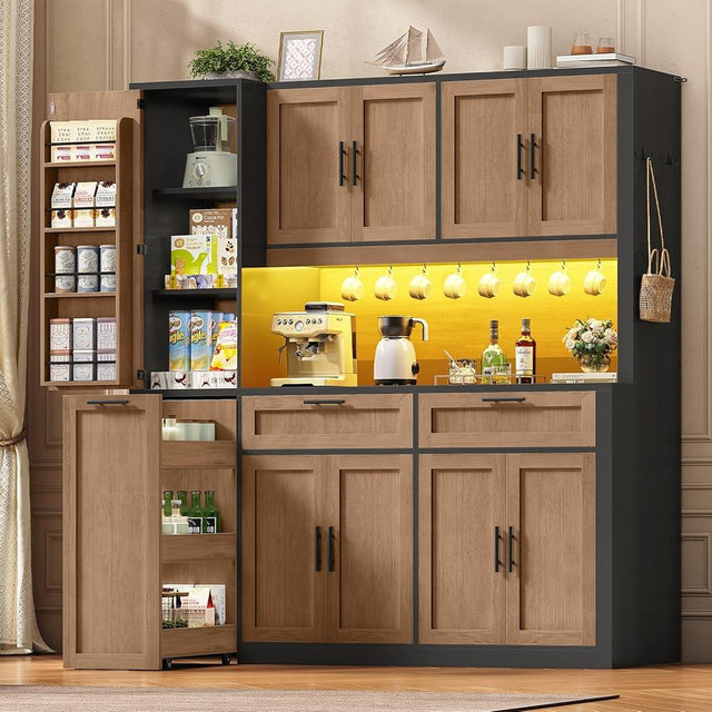 Itaar 71" Kitchen Pantry Cabinet with Charging Station and Led Light, Kitchen Storage Cabinets with Microwave Stand, 59" Wide Pantry Storage Cabinet with Storage Cart 3 Tier for Dining Room, Brown