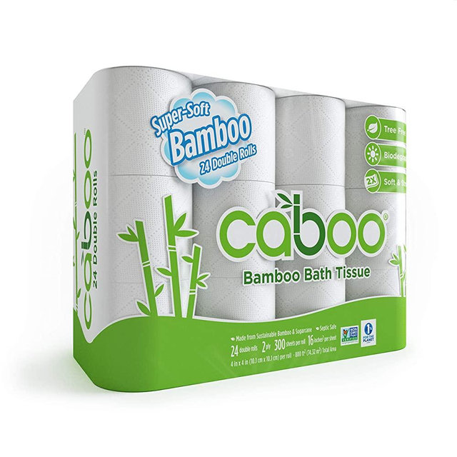 Caboo Tree Free Bamboo Toilet Paper with Septic Safe Biodegradable Bath Tissue, Eco Friendly Soft 2 Ply Sheets - 300 Sheets Per Roll, 24 Double Rolls