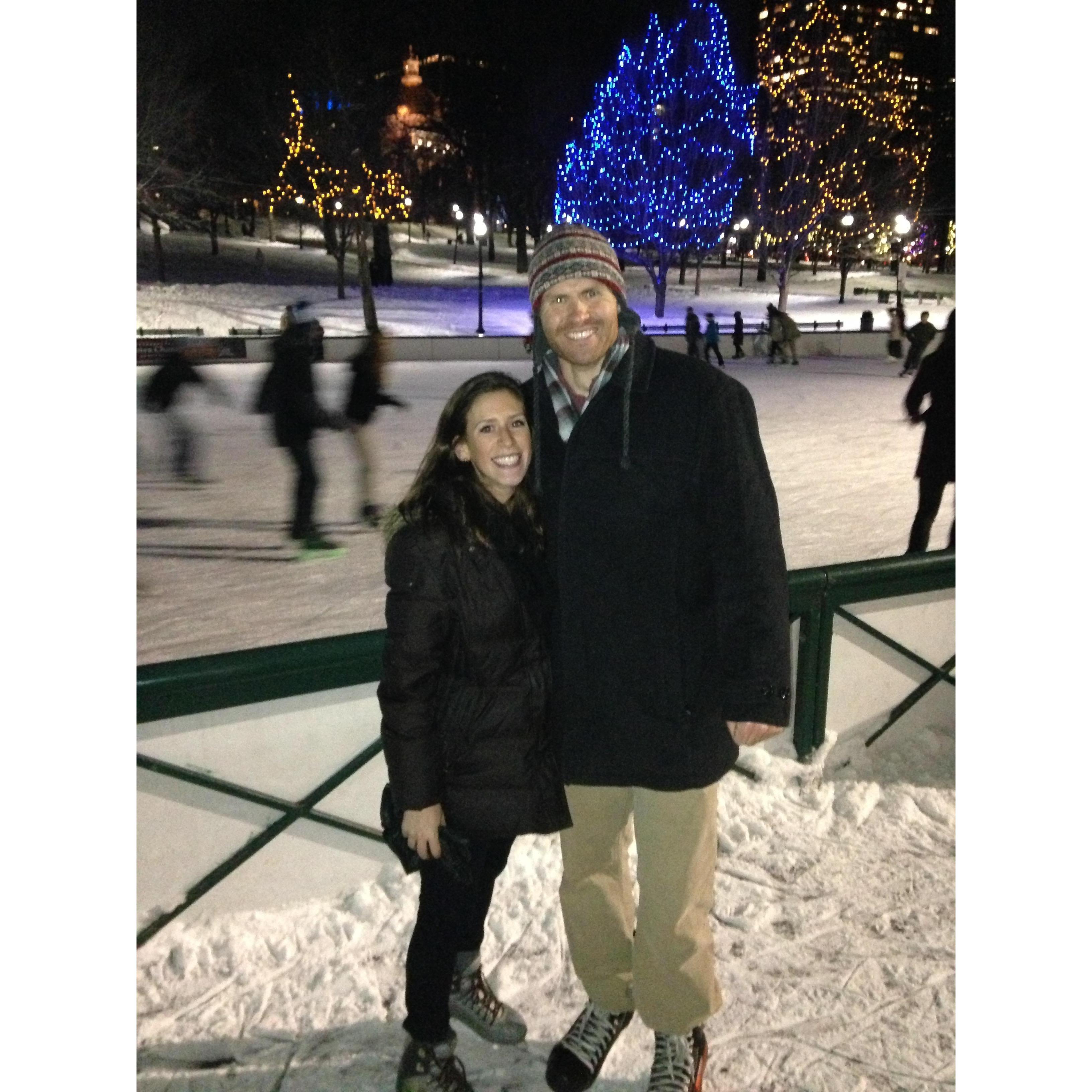 On our first date at the Frog Pond. Neither of us are good at ice skating and it showed