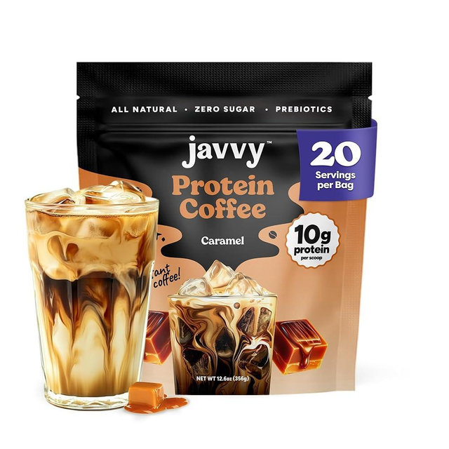 Javvy Caramel Protein Coffee - Premium Whey Protein & Instant Iced Coffee - 100% Arabica Coffee - Zero Artificial Flavors & Sweeteners, 20 Servings