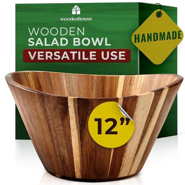 Wooden Salad Bowl, Wooden Bowl - 12" Wavy Large Salad Bowl for Serving, Fruit Bowls, Handmade, Durable and Stylish Natural Wood Dining Accessory by Woodenhouse