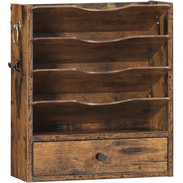 HOOBRO Wall File Organizer, Mail Organizer Wall Mounted, Wooden Literature Organizer, Construction Paper Organizer with Drawer Storage and 2 Hooks, for Office, Classroom, Home, Rustic Brown FG14WF01