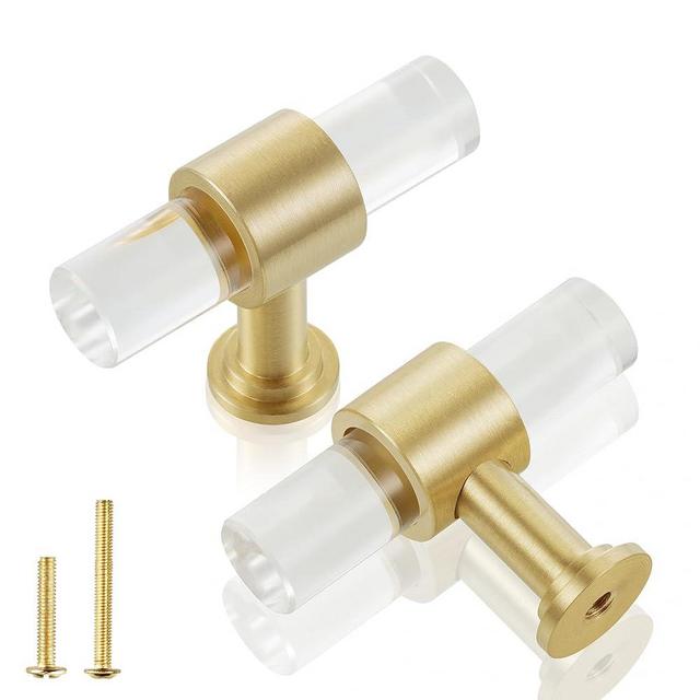 QOGRISUN 5-Pack Acrylic Cabinet Knobs with Brass Base,Gold Modern Drawer Euro Style T Bar Handles, Kitchen Dresser Drawer Clear Glass Crystal Pulls,2-inch Total Length