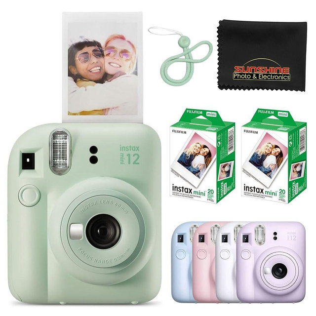 Fujifilm Instax Mini 12 Instant Camera Mint Green with 40 Sheets Fujifilm Instax Mini Film Bundle, Sunshine Photo Microfiber Cleaning Cloth Included