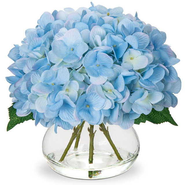 Hollyone Hydrangea Artificial Flowers with Vase Blue Silk Fake Flowers Arrangements in Glass Vase with Faux Water Faux Floral Bulk Bouquet for Home Decor Bathroom Table Centerpiece Shelf Decorations