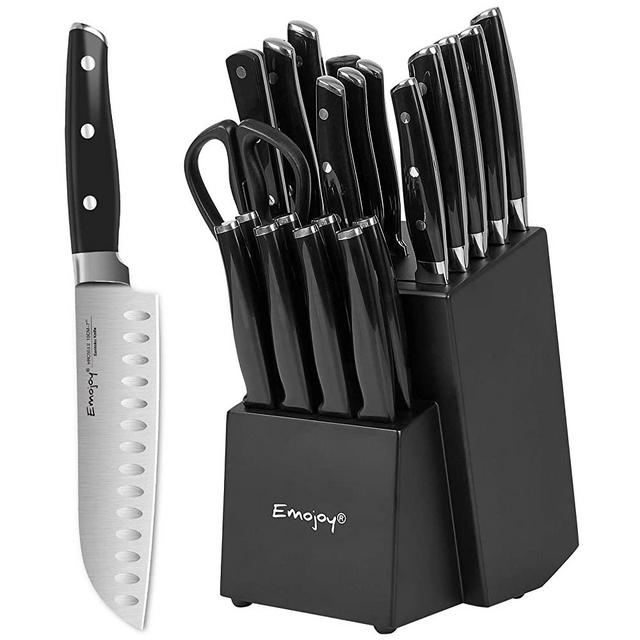 Knife Set with Block, 22 pcs Kitchen Knives with Sharpener, German Stainless Steel Knives Set with Carving Fork Steak Knives, High Carbon Full Tang Knives Set by Emojoy