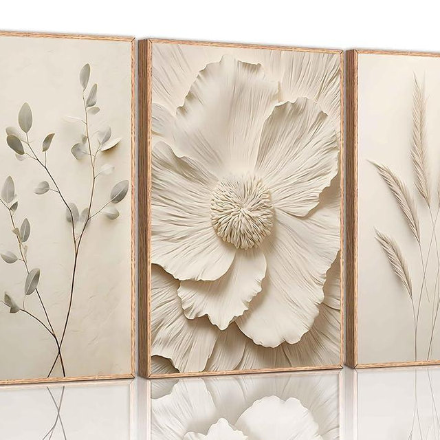 3Pcs Neutral Beige Floral Plant Canvas Wall art Textured Flower Botanical Painting Picture Wall Decor Vintage Blossom Poster Prints for Living Room Bedroom Bathroom Decoration Unframed