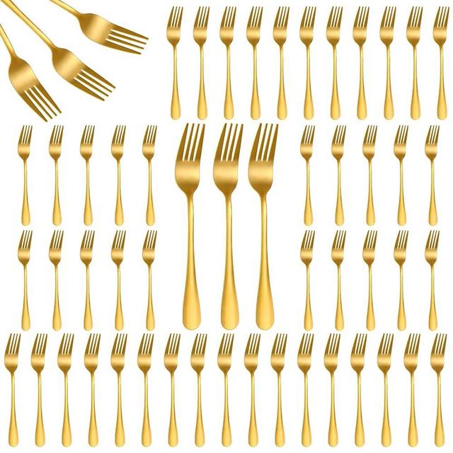 Leriton 50Pcs Gold Stainless Steel Dinner Forks 8 Inch, Cutlery Forks, Metal Forks for Home, Restaurant, Kitchen, Dishwasher Safe Suitable for Salad, Dessert, Beef Steak, Spaghetti, Mirror Polished