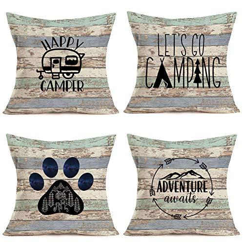 Royalours Camping Happy Camper Pillow Covers Cotton Linen Rustic Wood Background Inspirational Words Lettering Throw Pillow Cases Cushion Cover Home Sofa Office Decor 18" x 18" Set of 4 (Wood Camper)