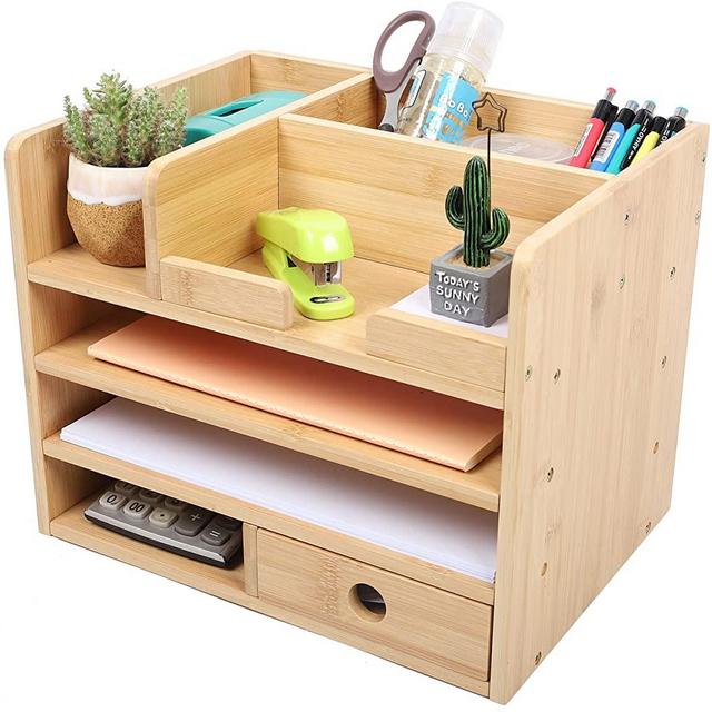 Bamboo Desk Organizers and Storage with Drawer Small Desk Bamboo Wood Desk Organizer Office and Home Supply Organizer Wood Storage for Office Supplies Toiletries Crafts Great for Desk Vanity Tabletop desk assesorries