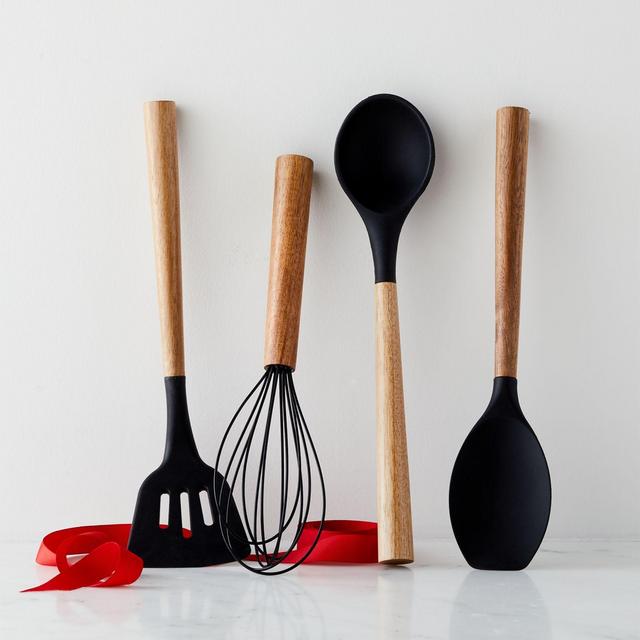 Black SIlicone Utensils with Acacia Handles Gift Set