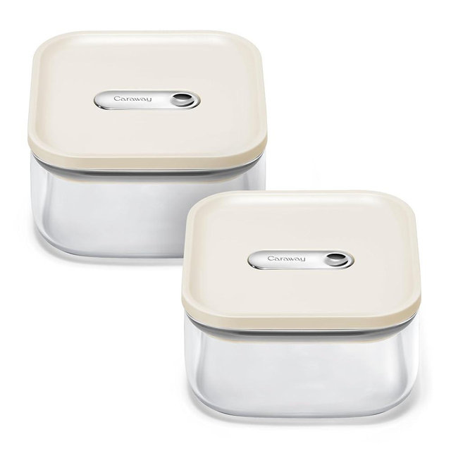 Caraway 1qt Glass Airtight Food Storage Containers with Lids - Non-Toxic, BPA-Free Kitchen Storage Container - Stackable, Space-Saving Airtight Containers for Pantry, Dry Goods - 2 Pack - Cream
