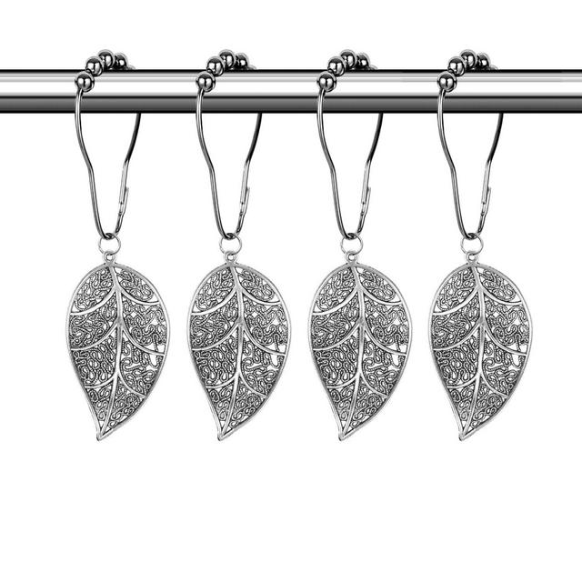 CHICTIE Silver Shower Curtain Rings Hooks,Chrome Leaves Decorative Shower Curtain Hooks,Set of 12 Stainless Steel Metal Rust-Proof Shower Rings for Bathroom Curtains Rods