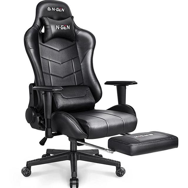 N-GEN Gaming Chair Computer Ergonomic Office Adjustable Lumbar Support Racing Style High Back Desk Headrest Swivel Executive E-Sports Video Game PC Leather Height Reclining with Footrest (2. Black)