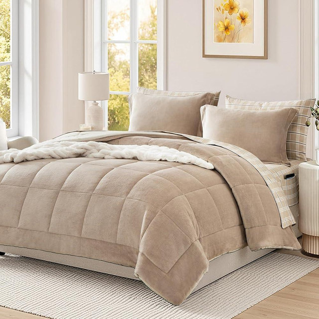 AMBERSPACE Plush King Size Comforter Set Light Taupe, Flannel Velvet Comforter Sets 7 Pieces Bed in a Bag, Soft Warm Winter Bedding Set with Sheets, Pillowcases & Shams
