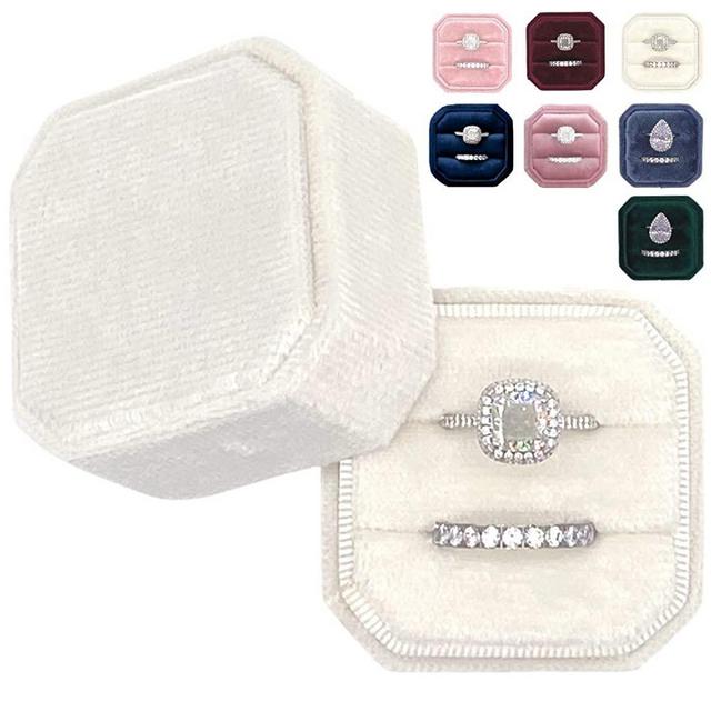 Velvet Ring Box - Elegant Vintage Octagon Display Holder for Jewelry - Double Storage, Soft Fabric - Perfect for Weddings, Engagement, Photography - Decorative & Functional Gifts for Brides (Ivory)
