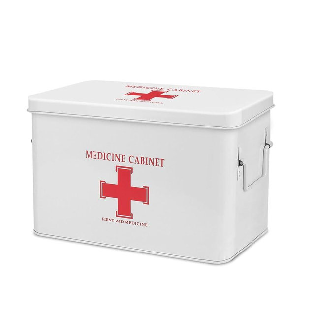 Flexzion First Aid Box Organizer Empty 13" White Vintage First Aid Kit Tin Metal Medical Box - First Aid Storage Box Container Bins with Dividers, Removable Tray and Red Cross Logo