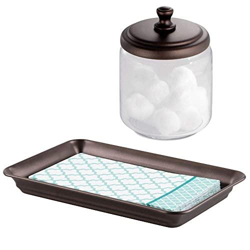 mDesign Bathroom Vanity Storage Organizer Canister Jar and Vanity Tray Set for Cotton Swabs, Cotton Rounds, Cotton Balls, Makeup Sponges, Bath Salts, Guest Towels, Perfume - Set of 2 - Clear/Bronze