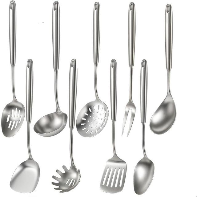 Newness 9 Pcs Cooking Utensils Set, 304 Stainless Steel Kitchen Utensils Set, Metal Kitchen Accessories, Include Soup Ladle, Slotted Skimmer Spoon, Spaghetti Spoon and Spatula, Dishwasher Safe