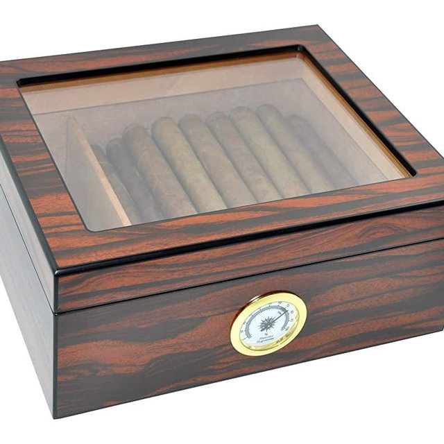 DUCIHBA Desktop Humidor Case Holds 25-50 Cigar, Tempered Glass Top Display, Handcraft Spanish Cedar Wood Storage Box with Divider, Humidifier and Hygrometer, Macassar Brown