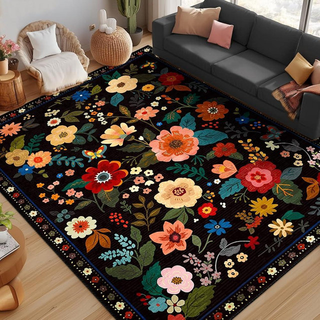 RELEANY Floral Nursery 8x10 Area Rugs Machine Washable Soft Print Boho Carpet Non Slip Flower Doormat Low Pile for Living Room Kids Girls Room Bedroom Kitchen Dining Room Indoor-Black