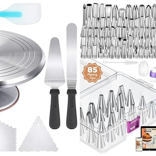 Kootek Aluminium Cake Turntable Set and 140Pcs Icing Piping Bags and Tips Set
