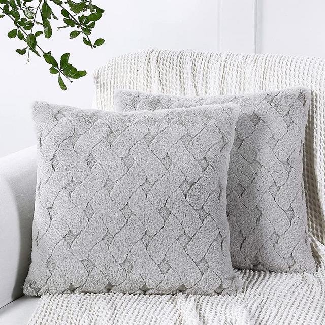 Mary Hatch Faux Fur Pillow Covers 18"x18" Grey Textured Geometric Plush Throw Pillow Covers Boho Decorative Pillow Cases Super Soft Luxury Fluffy Cushion Covers for Sofa Bed Chair Set of 2