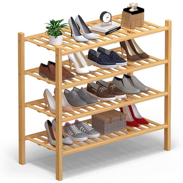 Haddockway 4 Tier Bamboo Shoe Rack Storage Organizer, Multifunctional Free Standing Stackable Shoe Shelf with Grid Panel for Closet,Hallway,Entryway,Small Space 27"x11"x26"