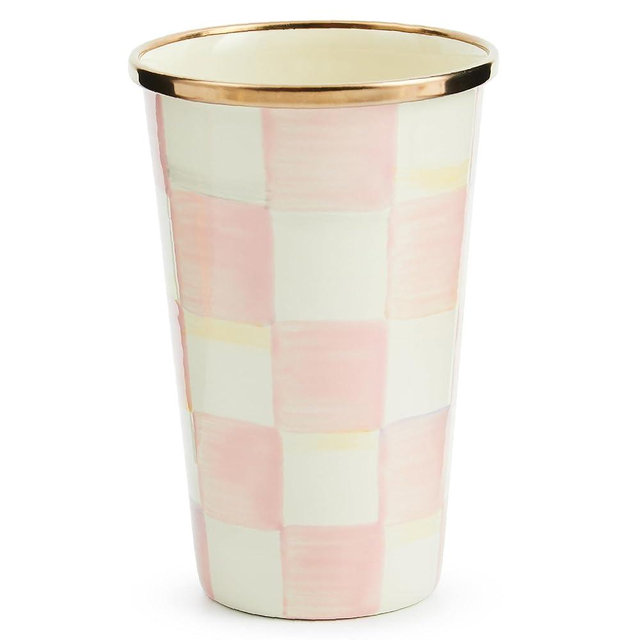 MACKENZIE-CHILDS Enamel Tumbler, Open Tumbler Cup, Cute Enamel Cup, 10 Ounces, Pink-and-White Rosy Check