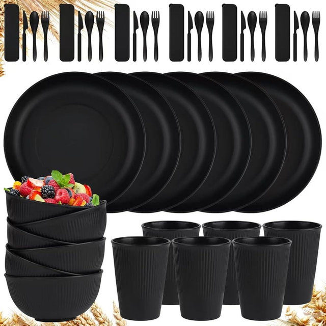 42-Piece Wheat Straw Dinnerware Set,Unbreakable Plates and Bowls Set,Dinner Plate/Dessert Plate/Cereal Bowl/Cup for Kitchen,Apartment Essentials, Outdoor Camping,Black