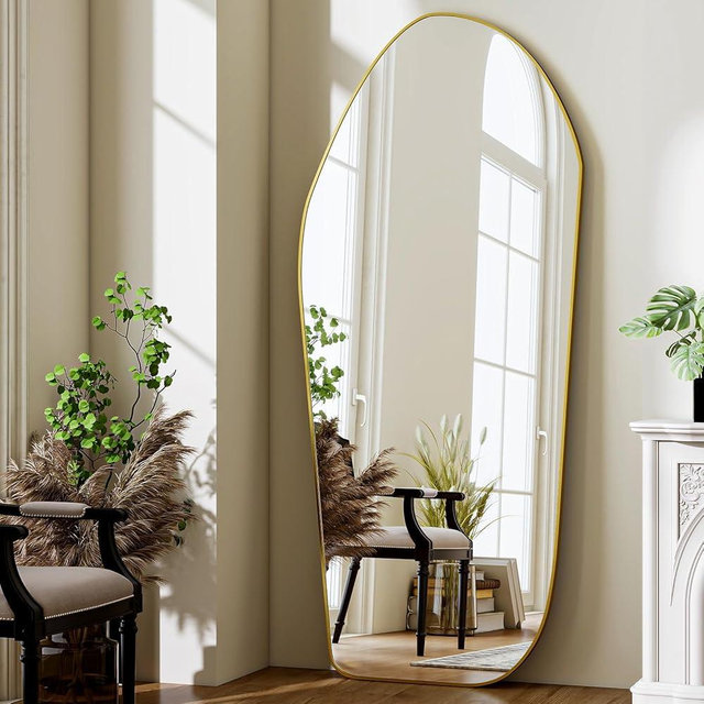 BEAUTYPEAK Full Length Dress Mirror - Floor Mirror 76"x34" Irregular Diamond Shape Aluminum Frame, Standing or Hanging Mirror for Bedroom Living Room Entryway, Gold