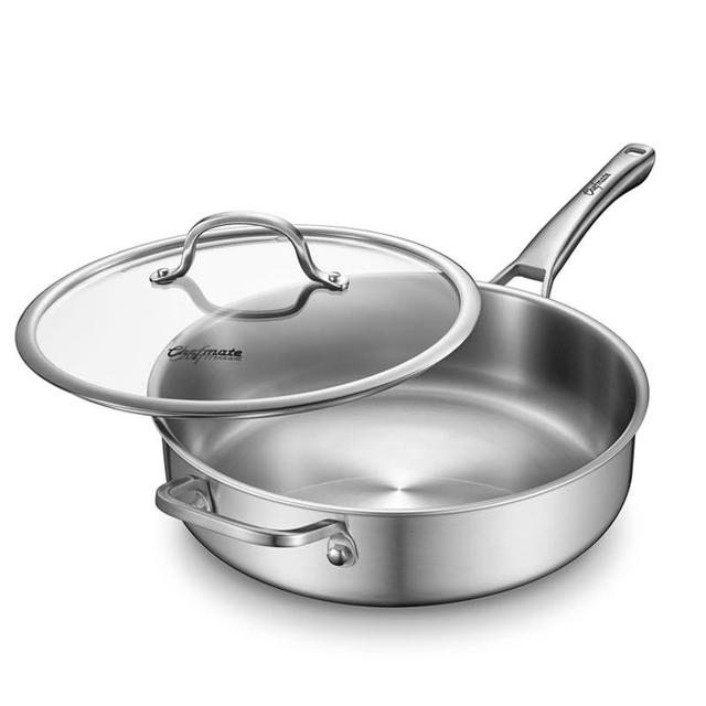 VocVoi Chefmate Saute Pan,5 Quart Saute pan,Stainless Steel Cookware,Stainless Steel skillet,12 inch Stainless Steel Saute Pans with Lid,Dishwasher and Oven Safe, Works on All Cooktops