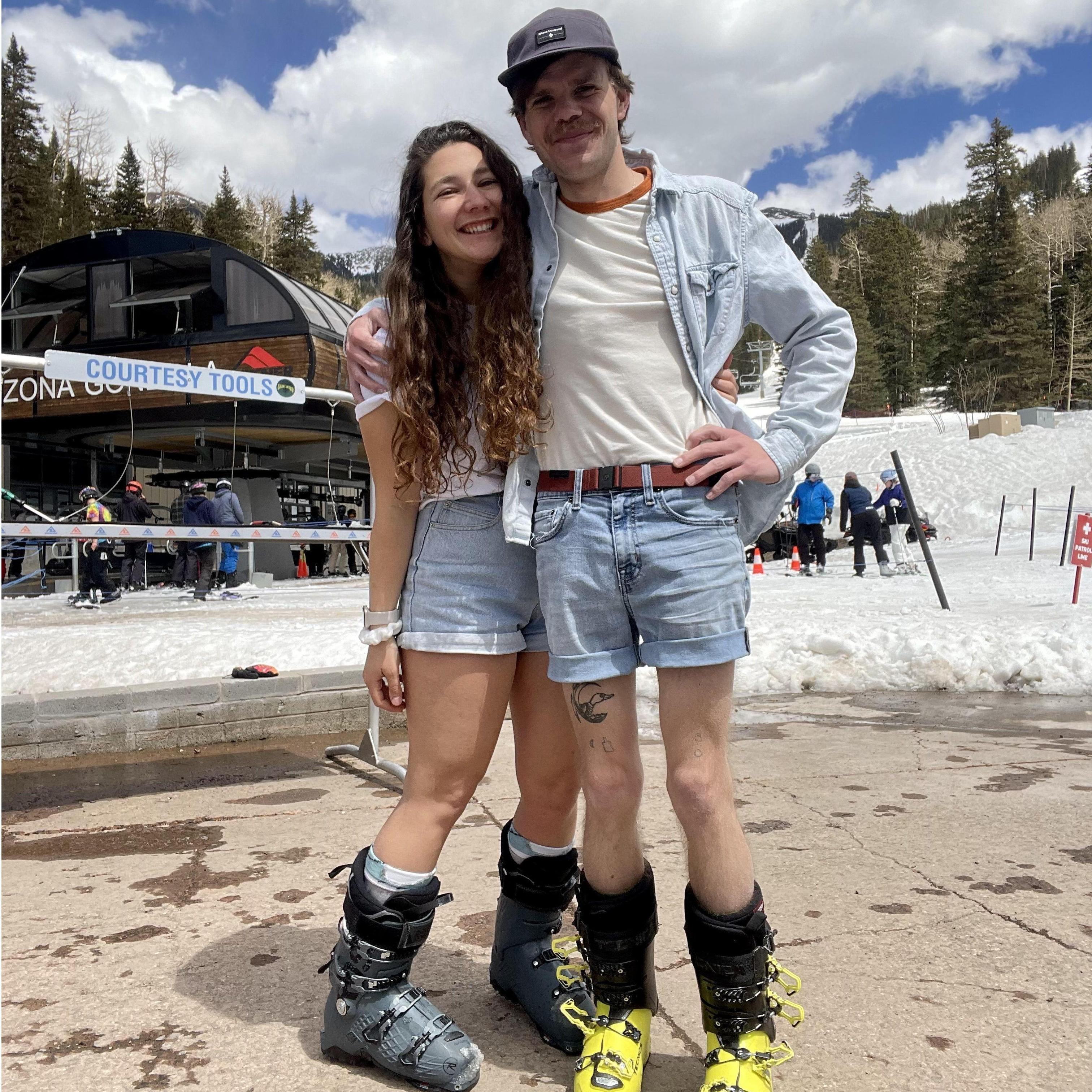 spring skiing in matching jorts