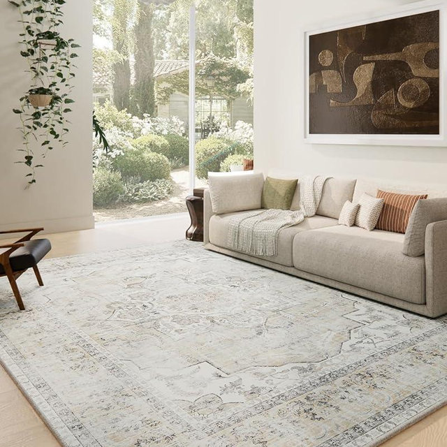 Area Rugs 9x12 Living Room: Washable Rugs for Bedroom Stain Resistant Non Slip Distressed Vintage Large Boho Rug Low Pile Faux Wool Soft Carpets for Living Room Dining Room Farmhouse Playroom