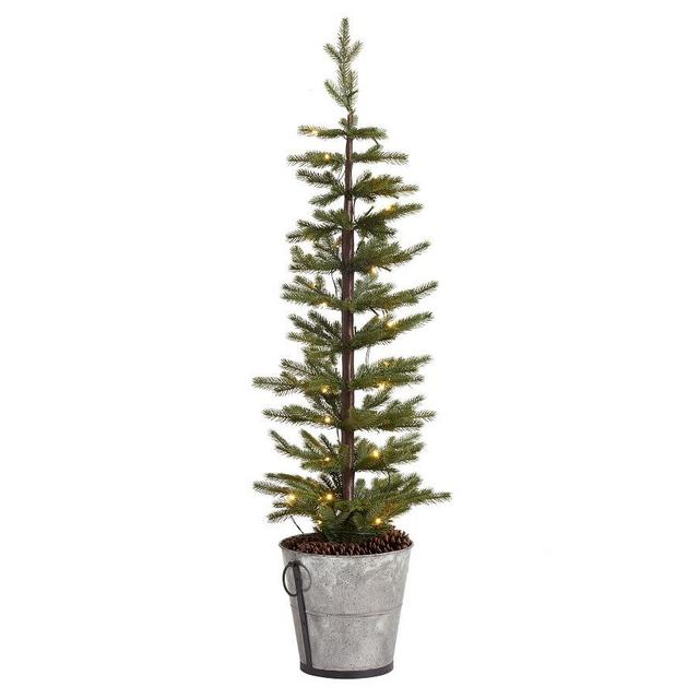 Lit Pine Trees in Galvanized Bucket, Green - Small