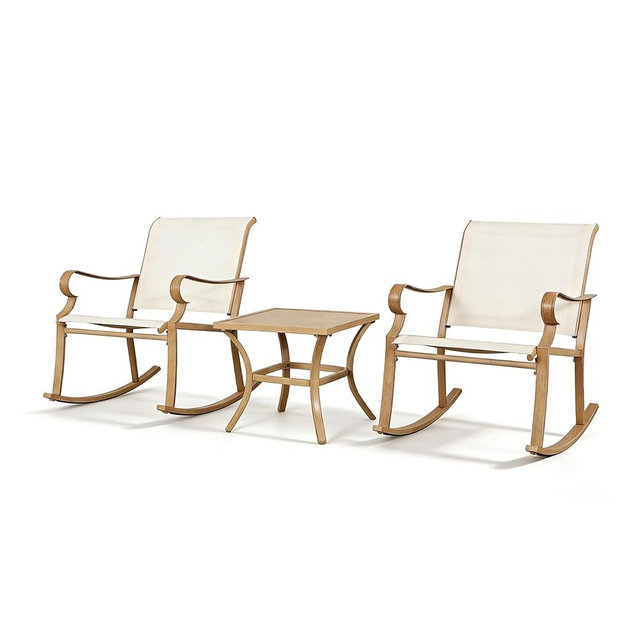 AE Outdoor 3-Piece Outdoor Rocking Bistro Set, Small Patio Furniture with Glass Table and Rocker Chairs, Textilene Fabric Conversation Set for Lawn, Garden, Balcony & Poolside, White