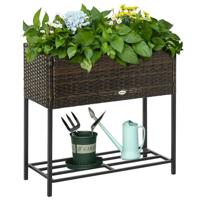 Outsunny Outdoor Flower Stand with legs, Rattan Wicker Look, Tool Storage Shelf, Portable Design for Herbs, Vegetables, Flowers, Brown