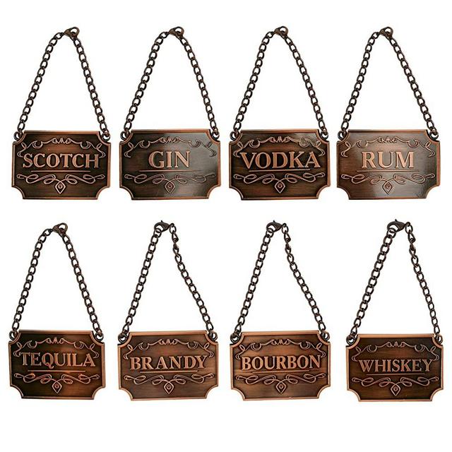 Homend Liquor Decanter Tags, Deluxe Set of Liquor Tags for Bottles or Decanters, Set of Eight With Adjustable Chain Features - Whiskey, Bourbon, Scotch, Gin, Rum, Vodka, Tequila and Brandy (Copper)