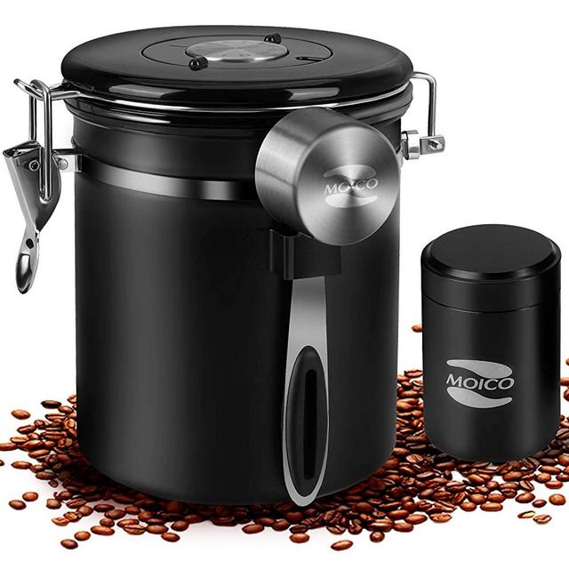 Coffee Container MOICO Coffee Stainless Steel Container-One Way Co2 Valve Airtight Coffee Canister with Coffee Scoop ＆ Travel Jar(Black,16oz+0.65oz)