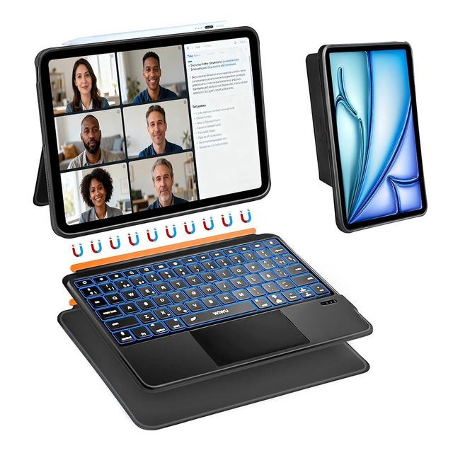 WIWU for iPad Keyboard Case 11 Inch A16 11th /10th Gen 3 in 1 Magnetic Detachable Case Keyboard Adjustable Stand Backlit Keys with Touchpad (Black, for iPad 11/10/Air 5/4/11"(M2/M3) Pro 11" 4/3/2/1)