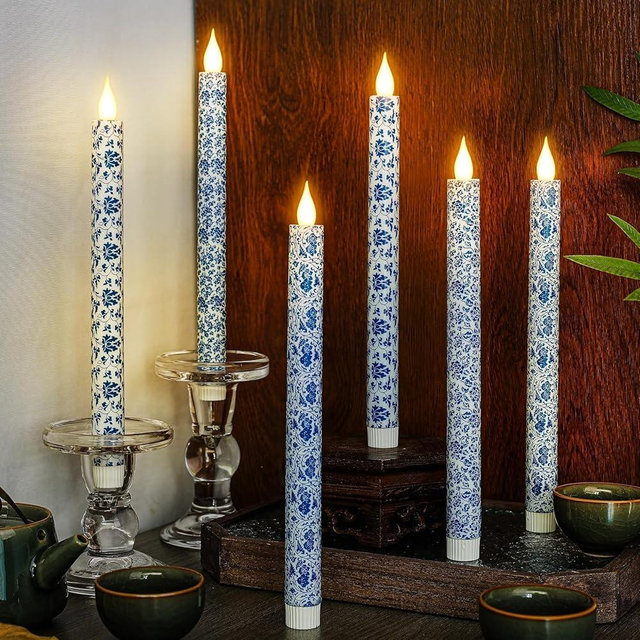 LCZLUMIPRO 6 Pcs Blue and White Chinoiserie Flameless Candles - 10.6 Inch Porcelain Style Taper Candlesticks, Battery Operated LED Candles for Wedding, Home & Table Decor