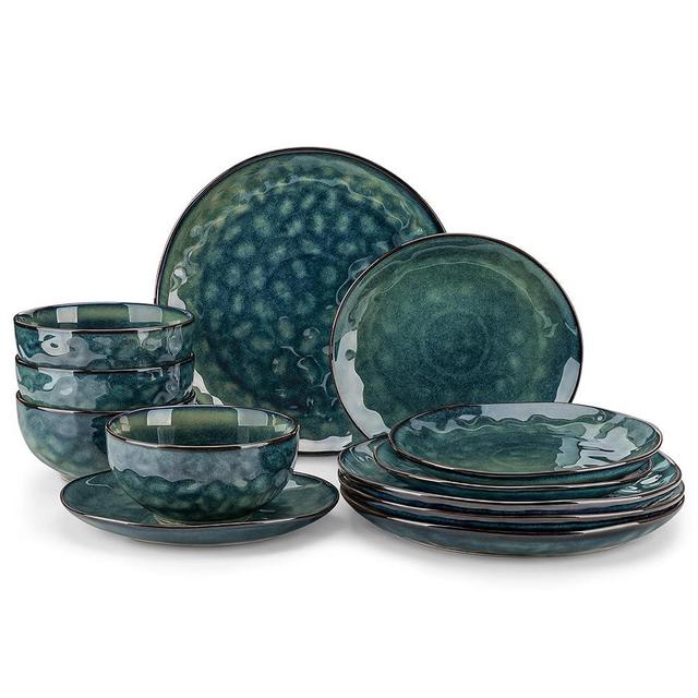 vancasso Starry 12 Pieces Dinnerware Set, Plates and Bowls Set for 4, Stoneware Plates Set, Dishwasher and Microwave Safe, Green