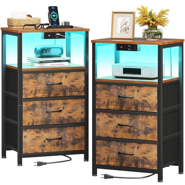 Casaottima Night Stand Set 2, Bedside Tables with Charging Station, LED Nightstand with Fabric Drawers, End Tablewith Open Shelf, Small Nightstand for Bedroom, Vintage and Black