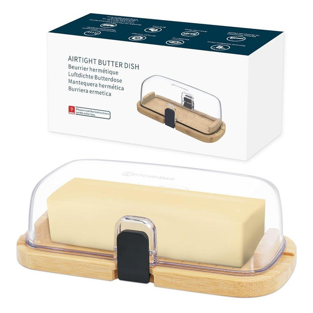 KITCHENDAO Bamboo One-handed Airtight Butter Dish with Lid for Countertop and Refrigerator Door Shelf, Butter Holder with One Press to Open/Close Latching Buckle for West/East Coast Butter