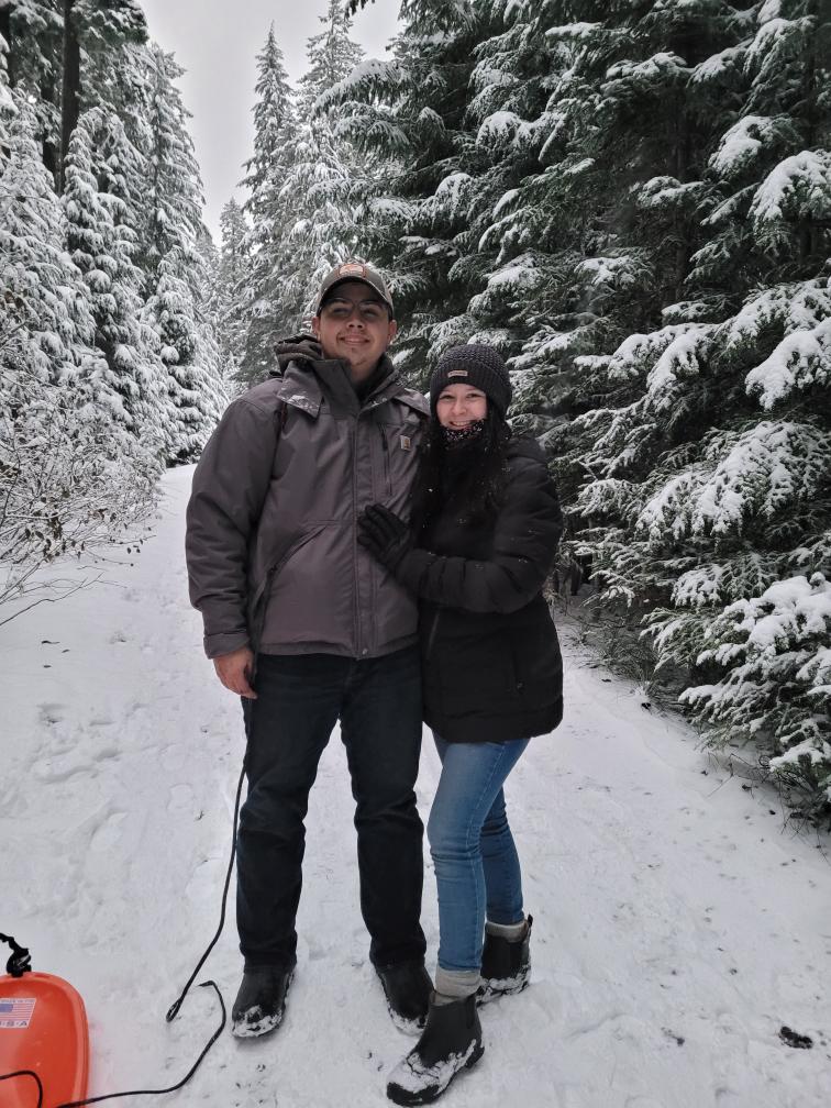 Dustin and Maya sledding at Mt. Hood 2020.