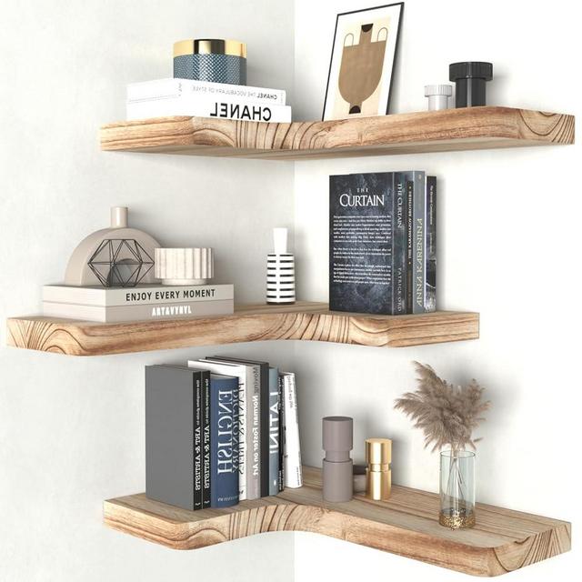 SAUMONIERES Corner Floating Shelves Wall Mount Shelf Solid Wood for Bedroom Bathroom Room Kitchen Storage Set of 3, Rustic Torched, Invisible Brackets
