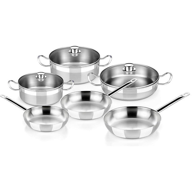 BRA COOKWARE Profesional 9-Piece Stainless Steel Cookware Set | Professional Pots & Pans Set | Kitchen Set w/ 2 Pots, 1 Sauté Pan, 3 Frying Pans, 3 Lids | All Heat Sources Compatible | PFOA Free