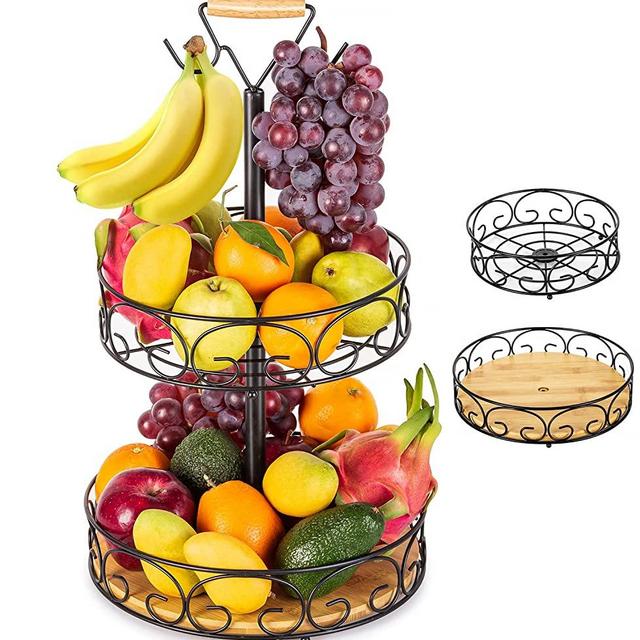 Fruit Basket, Vegetables Countertop Bowl Storage With Banana Hanger, Detachable Bread, Snacks Baskets Holder Large Capacity Fruit Tray (Bamboo&Iron - 2 Tier)